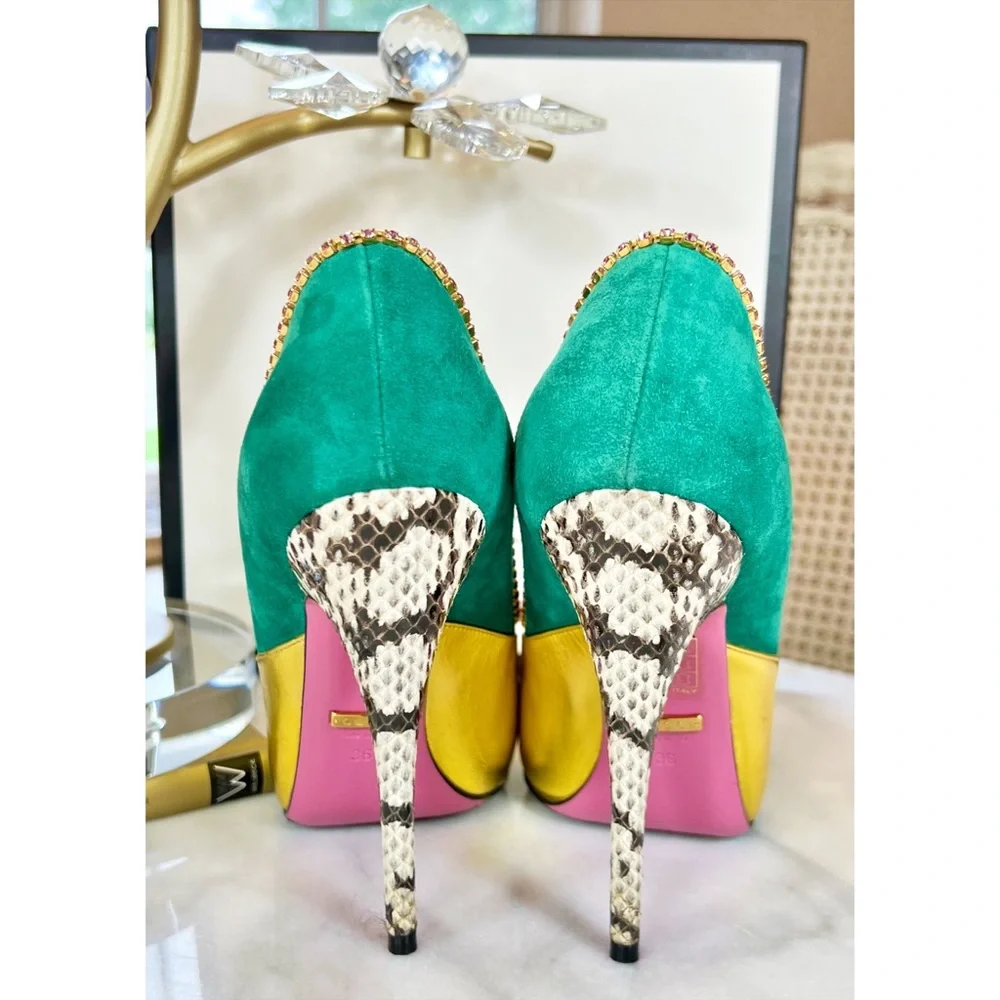 Gucci Metallic Nappa Kid Scamosciato Elaphe Snakeskin Pumps in Emerald Roccia - Picture 6 of 10